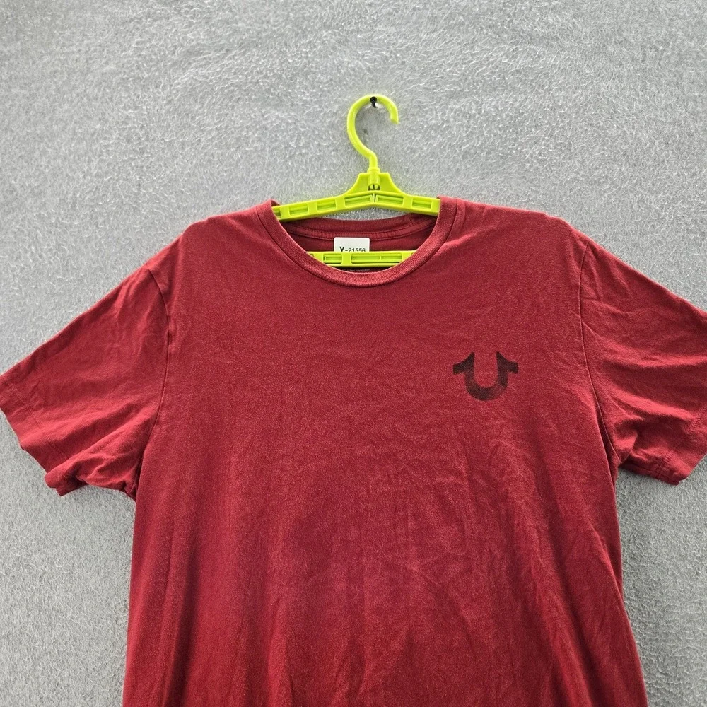 True‎ Religion Men Shirt L Red Guitar Buddha Logo Graphic Print Short Sleeve